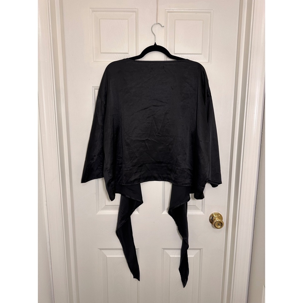 Urban Outfitters Black Satin Tie Front Wrap Top Blouse Wide Sleeve Large - Picture 4 of 4
